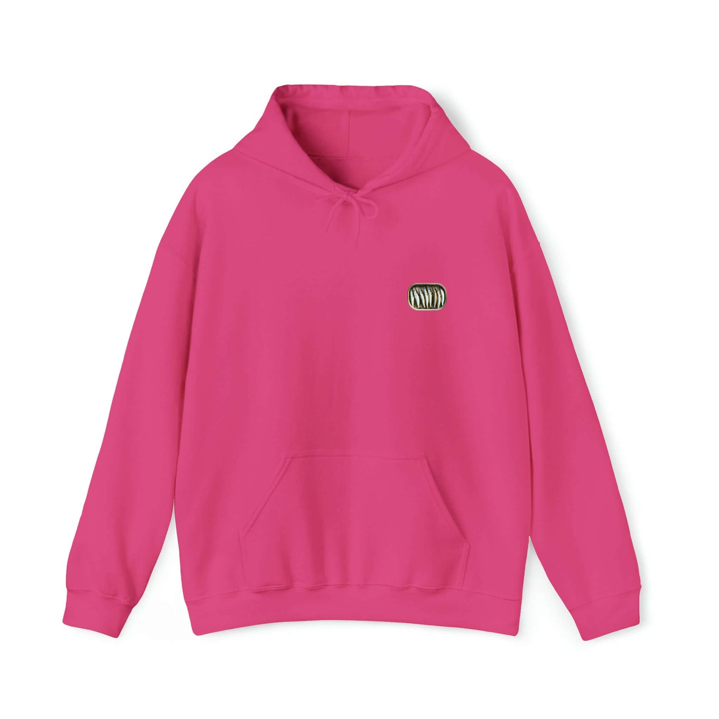 Gildan 18500 hoodie featuring small sardine can, opened, filled with sardines.