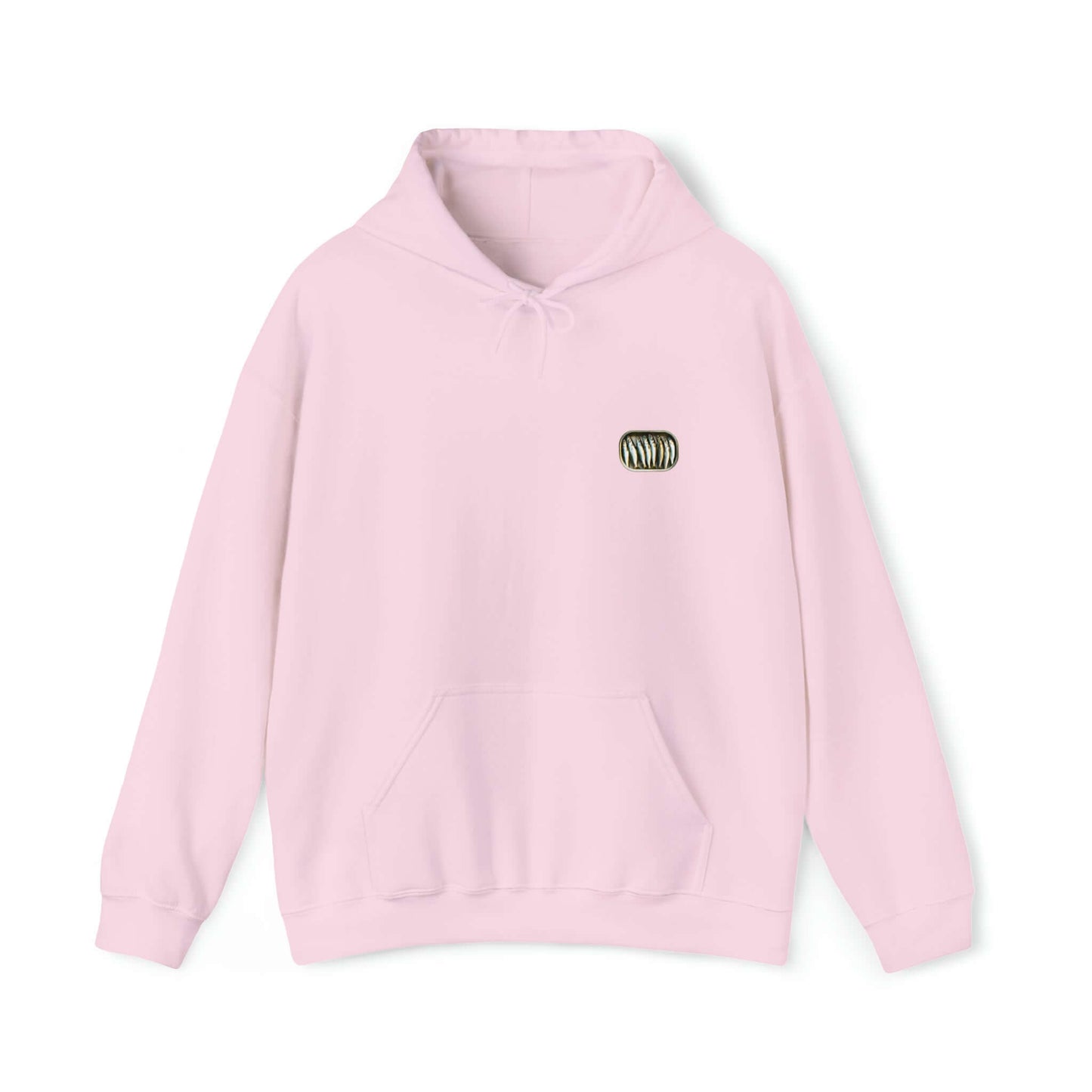 Gildan 18500 hoodie featuring small sardine can, opened, filled with sardines.