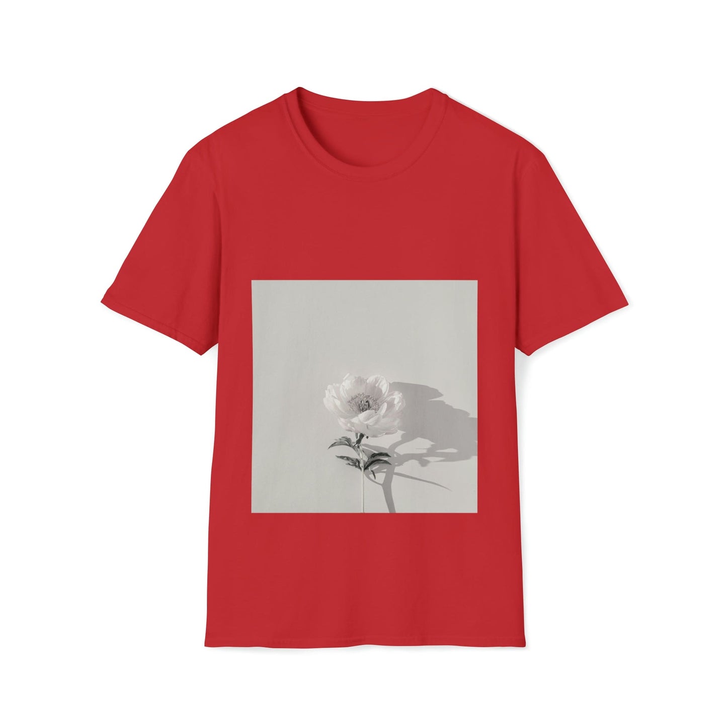 Red t-shirt featuring a striking black and white rose print on the front, perfect for romantic gift ideas.