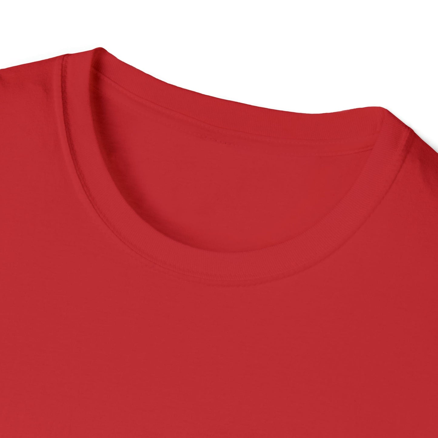 Close-up of the neckline of a vibrant red t-shirt, showcasing its soft fabric texture and classic fit.
