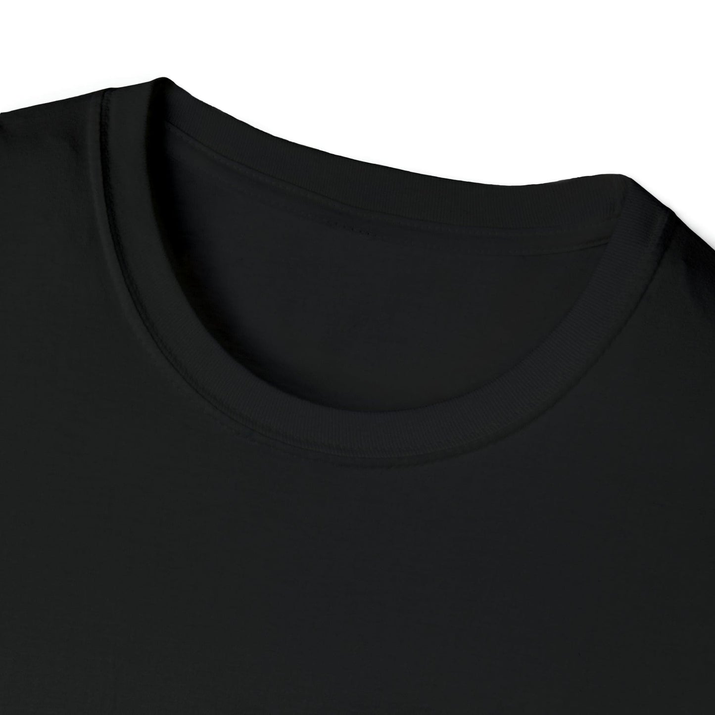 Close-up view of the neckline of a black t-shirt, showcasing the soft fabric and design.