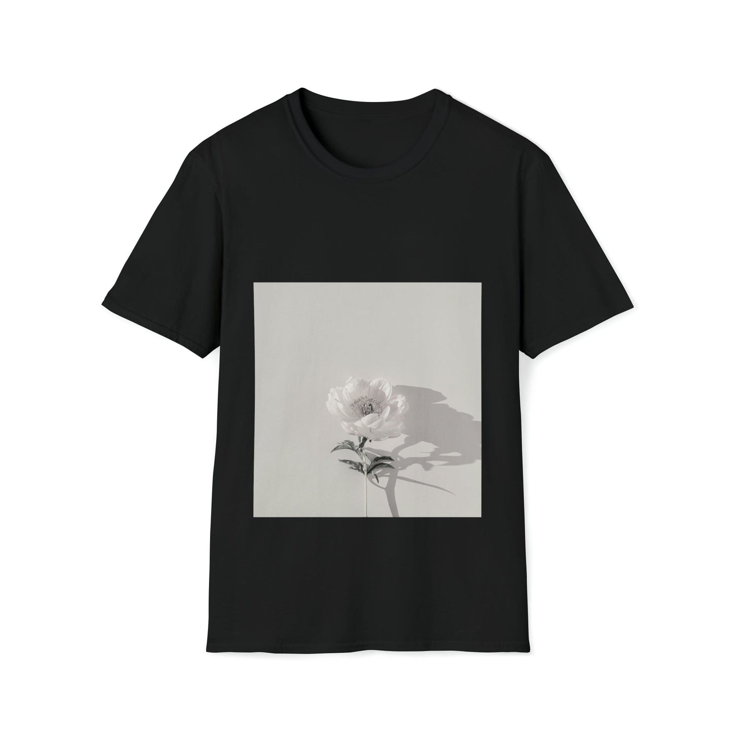 Black t-shirt featuring a striking single white rose photograph design on the front.