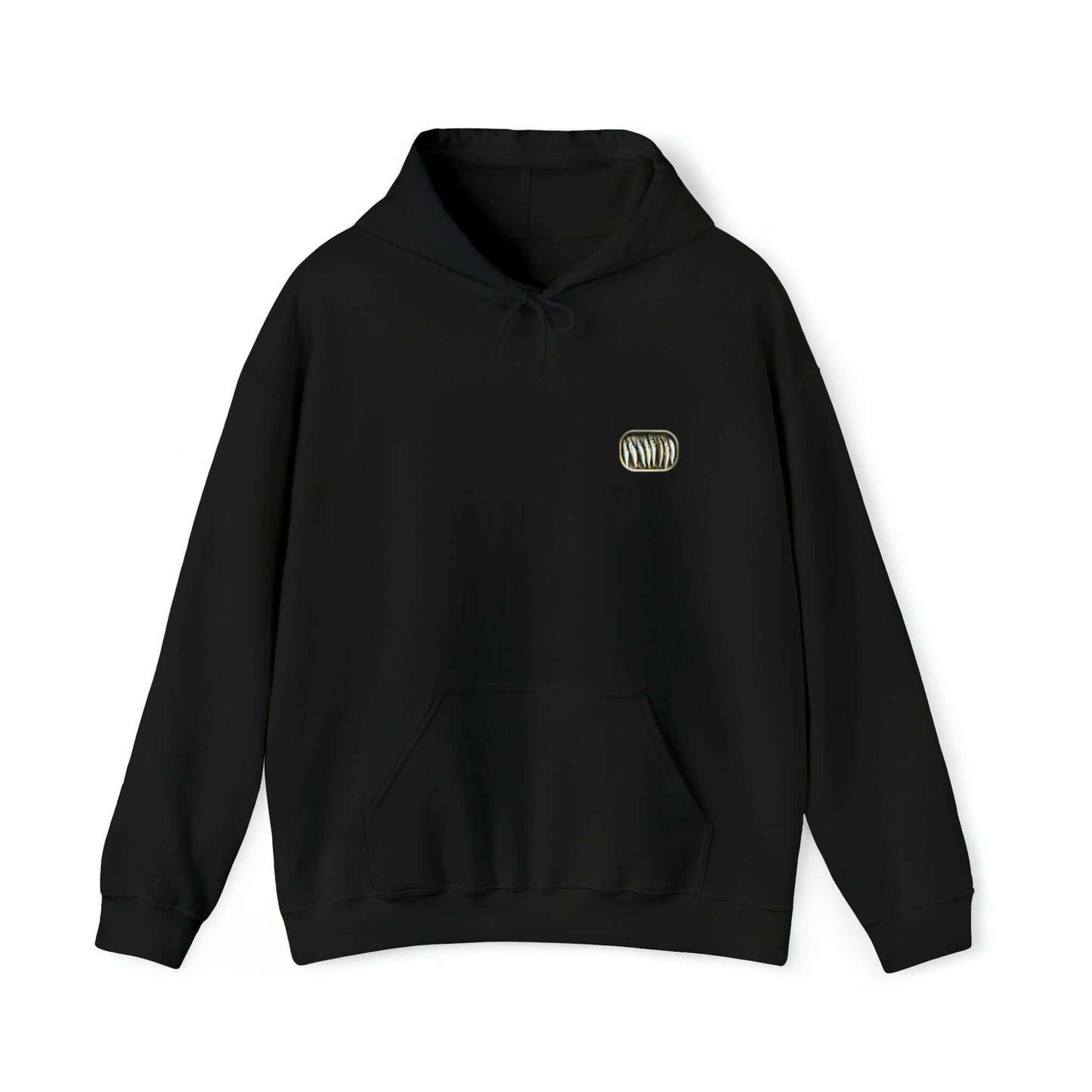 Gildan 18500 hoodie featuring small sardine can, opened, filled with sardines.