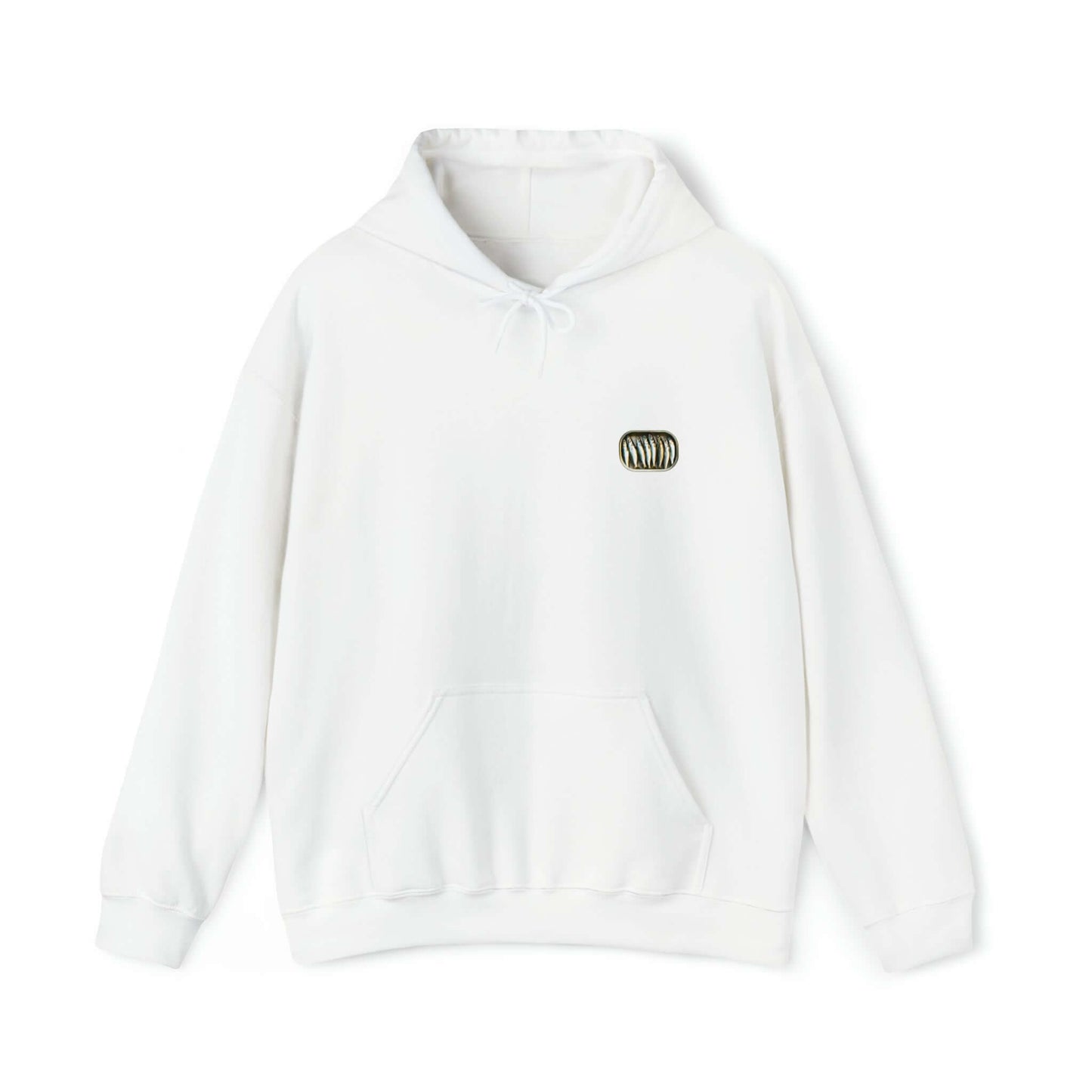 Gildan 18500 hoodie featuring small sardine can, opened, filled with sardines.