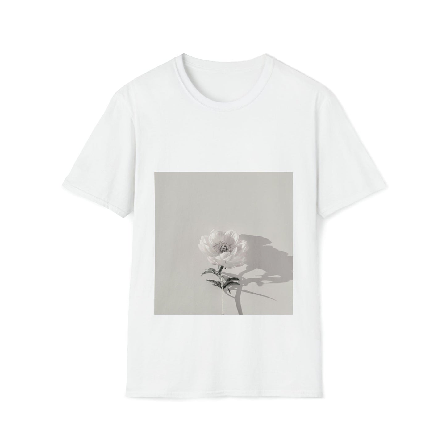 White t-shirt featuring a beautiful photographic print of a single white rose.