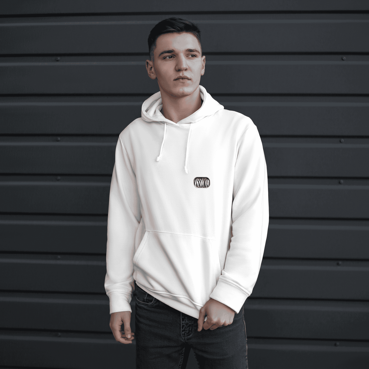 Gildan 18500 hoodie featuring small sardine can, opened, filled with sardines.