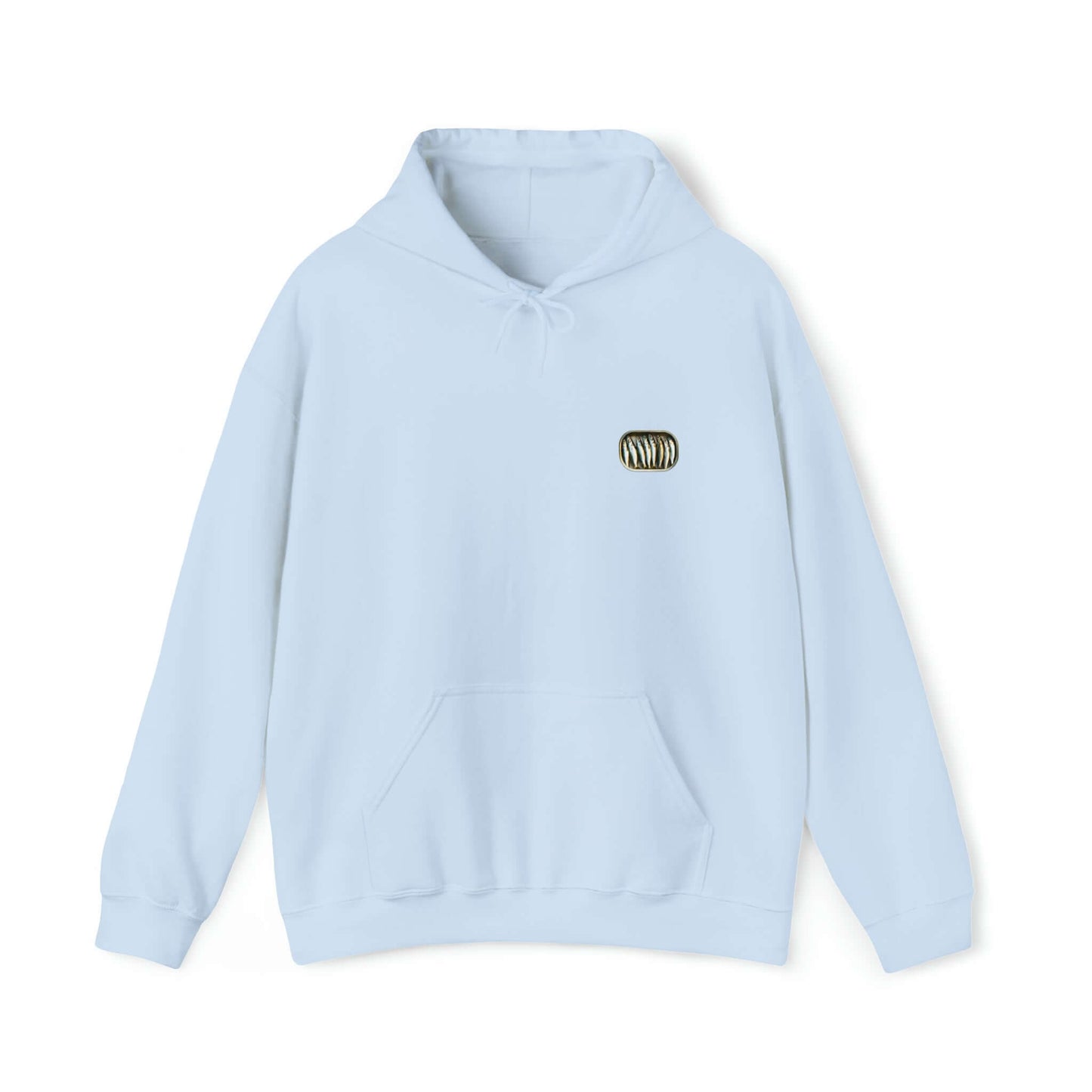 Gildan 18500 hoodie featuring small sardine can, opened, filled with sardines.