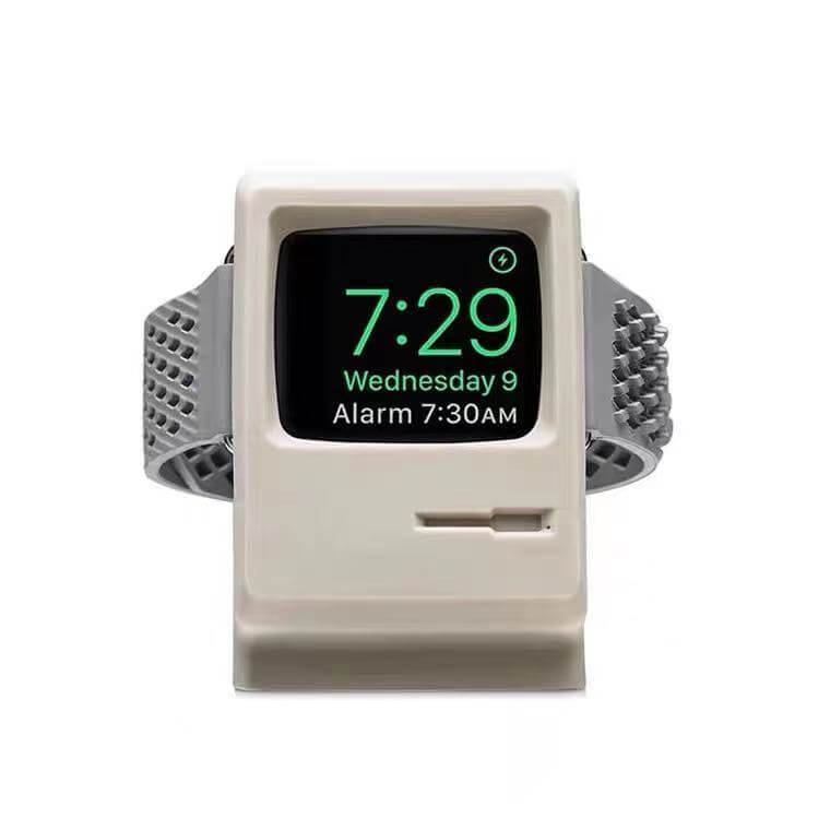 Retro silicone watch stand resembling an old office computer, displaying time and date.