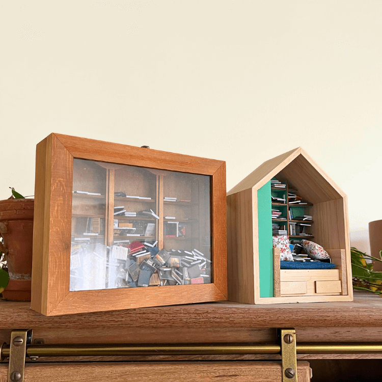 Anxiety Bookshelf and Anxiety Book Room shaped book boxes to shake away stress. Mini bookcases filled with mini books.
