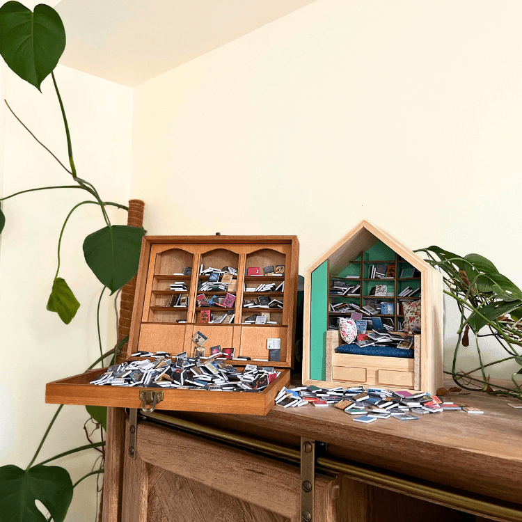 Anxiety Bookshelf and Anxiety Book Room are imaged as Bookshelf Decor. Surrounded by mini books and green houseplants.
