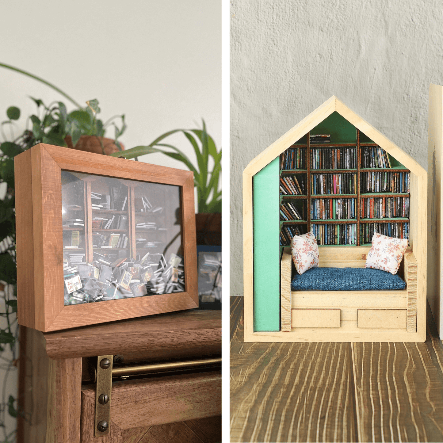Anxiety Bookshelf and Book Room Bundle. Two miniature bookcases filled with tiny miniature books.