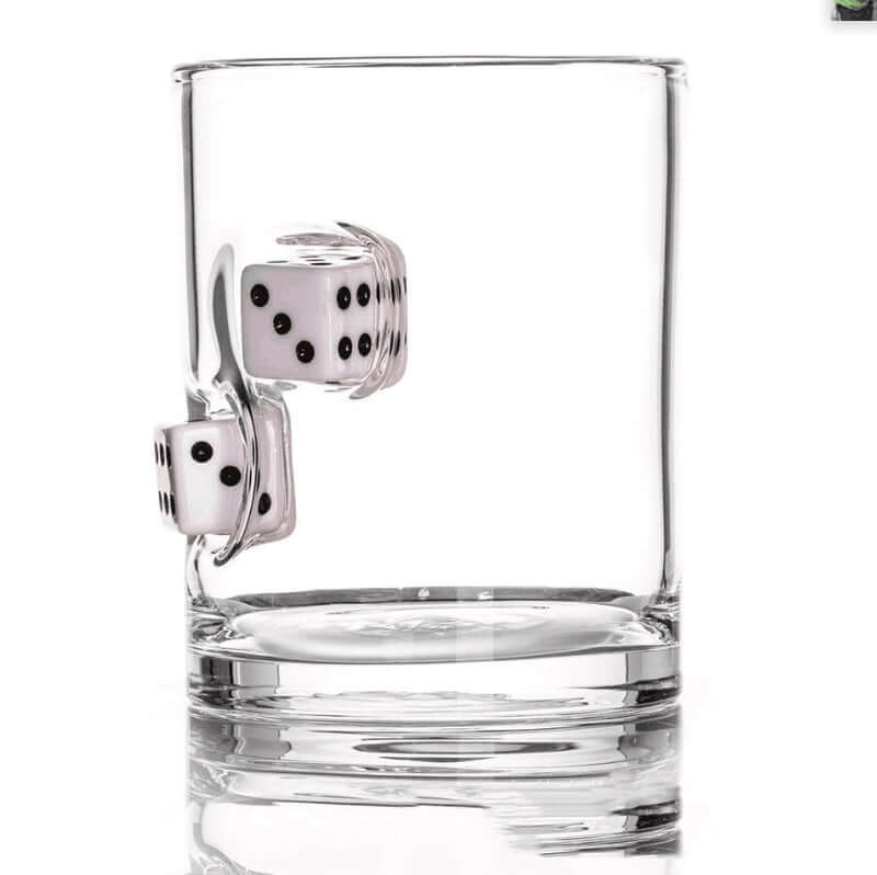 Hand blown glass cup featuring embedded black and white casino dice, perfect for whiskey lovers.