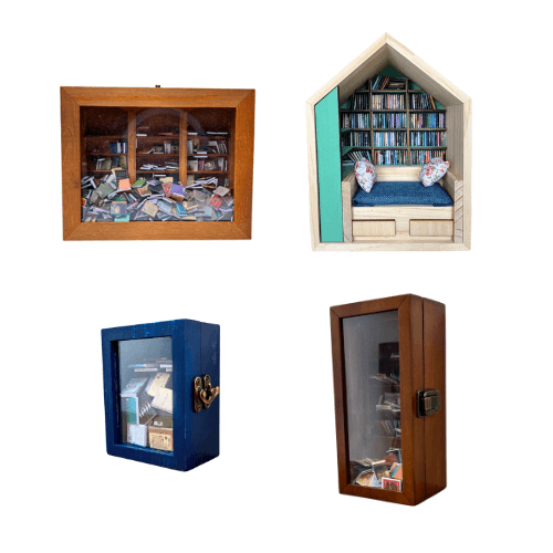 Four unique handcrafted miniature bookshelves from the Anxiety Bookshelf Collection, showcasing calming designs.