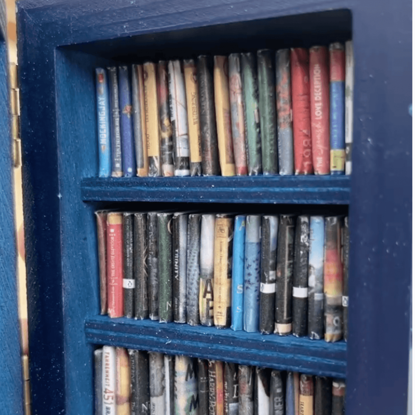 Close up of the tardis blue pocket anxiety bookshelf