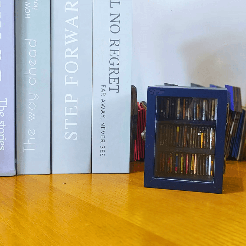 The blue mini Pocket Anxiety Bookshelf mini antique bookcase with a clear display cover which opens to display mini books.