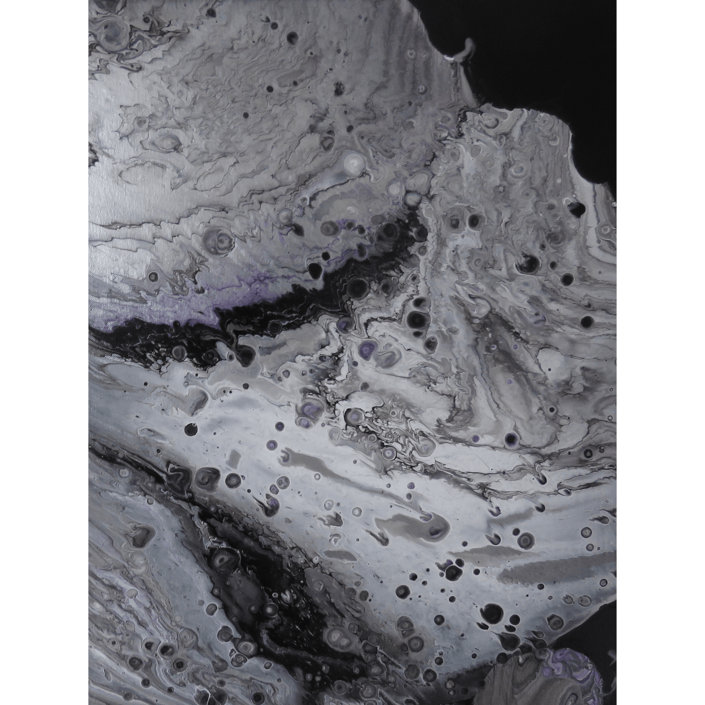 abstract moonscape painting on dsplay, several size options available. Abstract fluid artwork resembling a lunar surface.