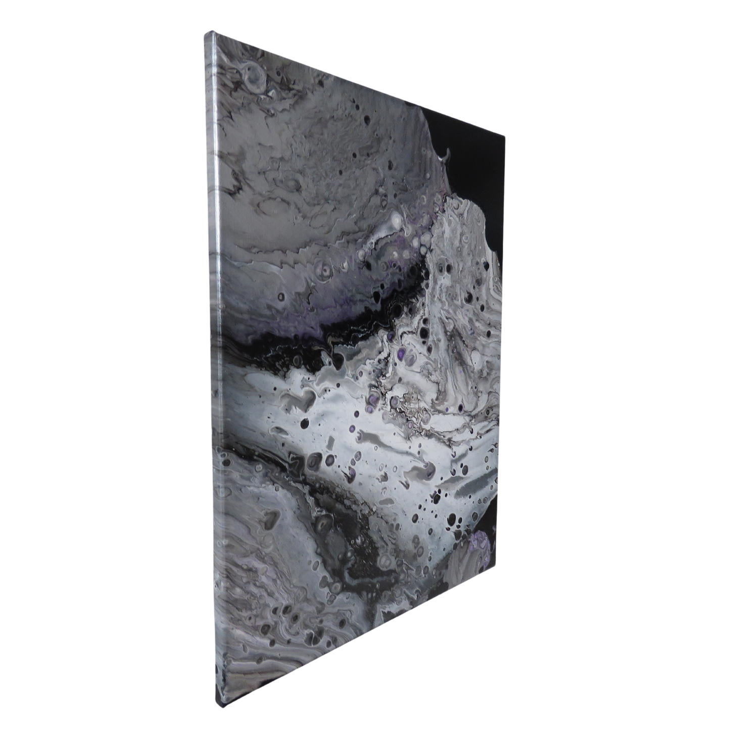 abstract moonscape painting on dsplay, several size options available. Abstract fluid artwork resembling a lunar surface.