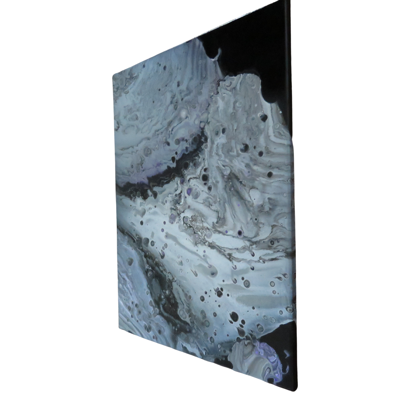 abstract moonscape painting on dsplay, several size options available. Abstract fluid artwork resembling a lunar surface.