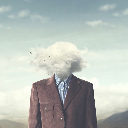 A man with a cloud replacing his head, a metaphor for anxiety.
