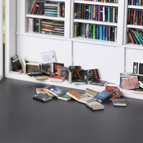 The White Anxiety Bookshelf sits open, displaying the miniature books inside.