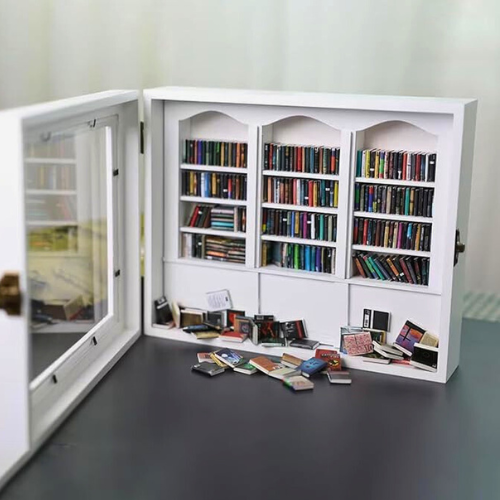 White Anxiety Bookshelf with books displayed. A mini bookshelf box with a door that opens to access the mini books. The miniature books are organized in the bookcase, and when shaken, they fall out and create a mess.