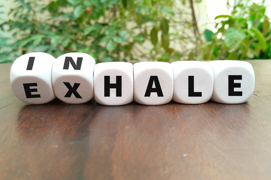 Dice with letters in a row, writing the word inhale, the first two die are tilted to expose an 'ex', to change the word from inhale to exhale.