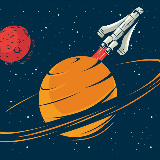 A cartoon rocket ship explores a planet.