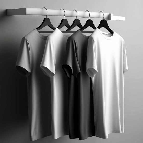 Black and white t-shirts are displayed on a rack.