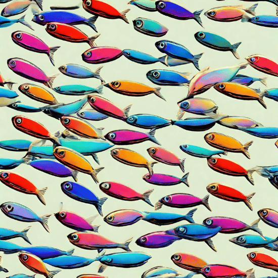 A school of multicoloured cartoon sardines swim together.