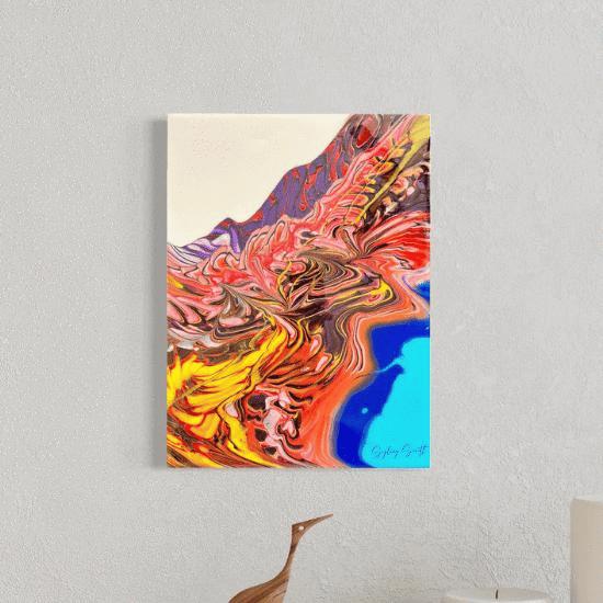 a graffiti inspired abstract painting sits on a wall near a decorative bird sculpture