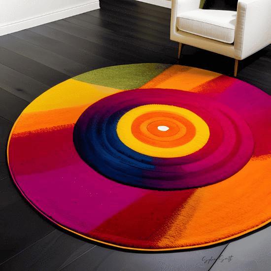 a colorful, circular area rug sits in a clean room