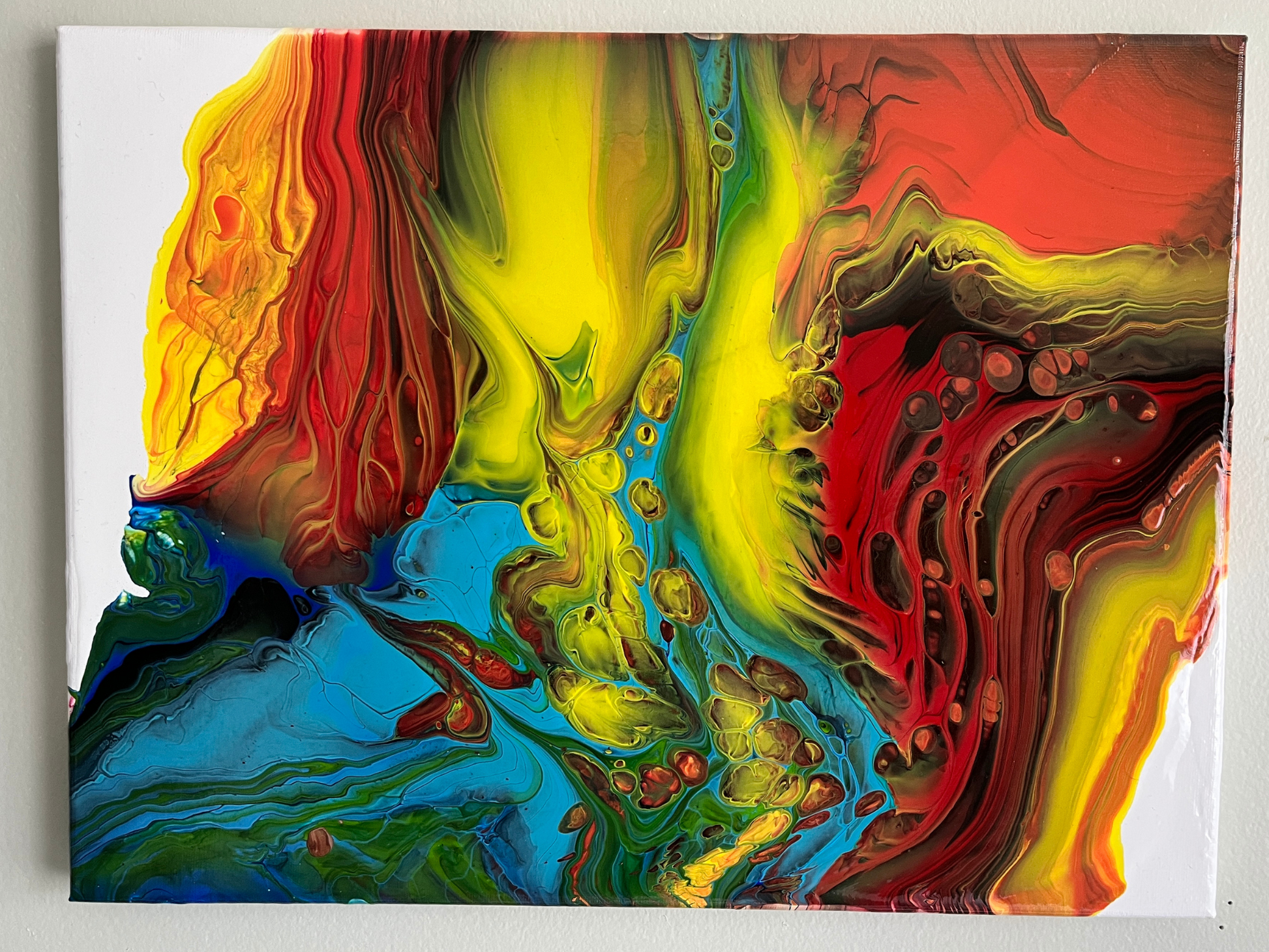 red, yellow and blue fluid art painting on canvas representing fire and ice