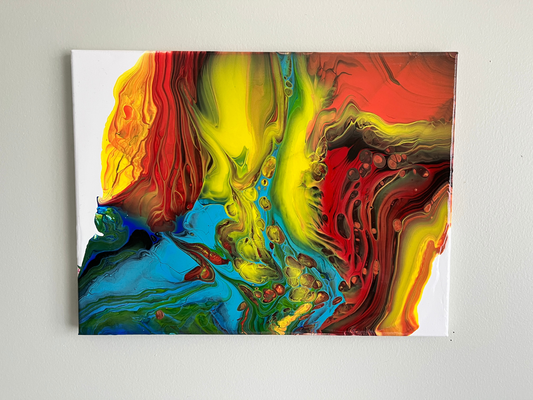 red, yellow and blue fluid art painting on canvas representing fire and ice