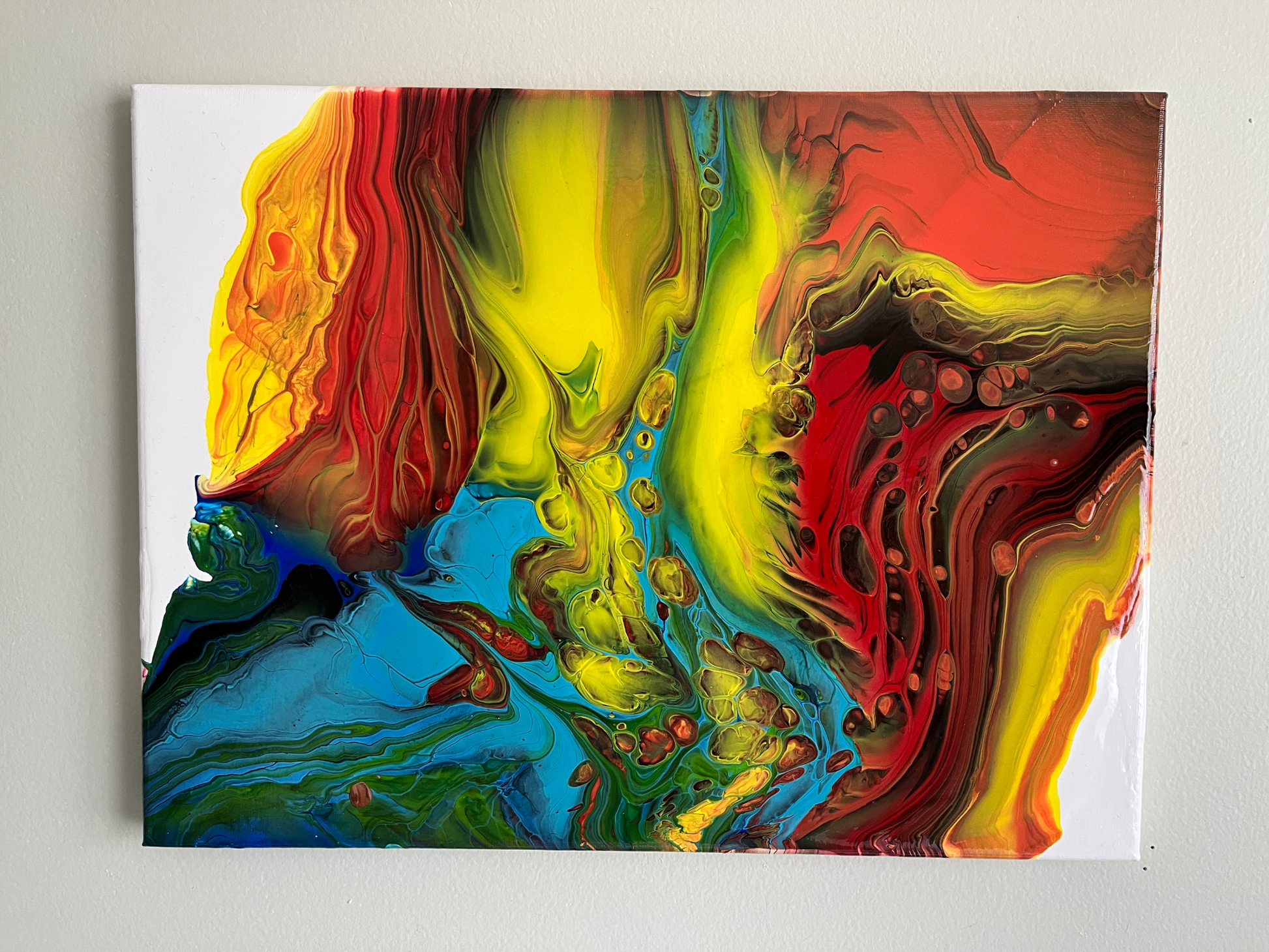 red, yellow and blue fluid art painting on canvas representing fire and ice