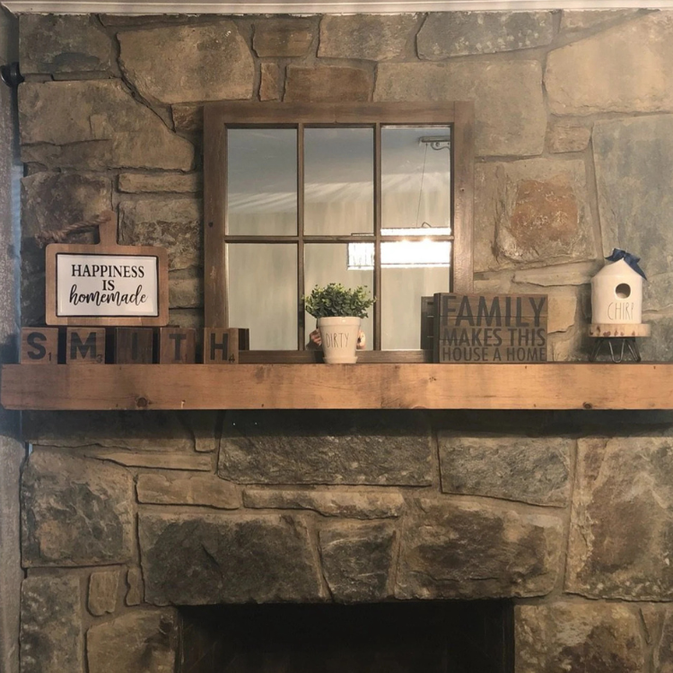 Natural, unfinished hand-hewn mantel slipcover that doubles as a floating mantel.