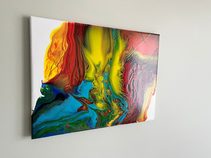 red, yellow and blue fluid art painting on canvas representing fire and ice