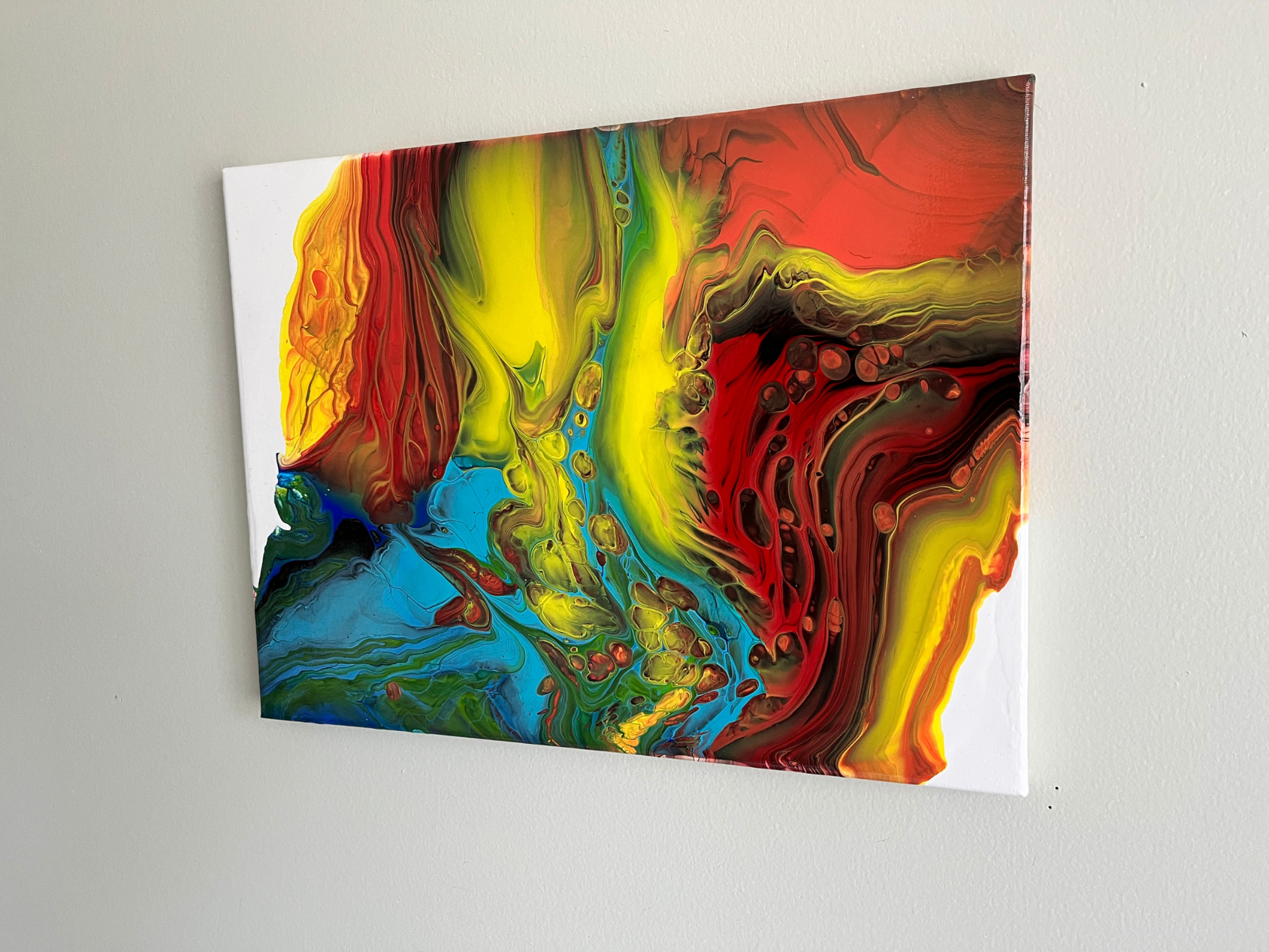 red, yellow and blue fluid art painting on canvas representing fire and ice