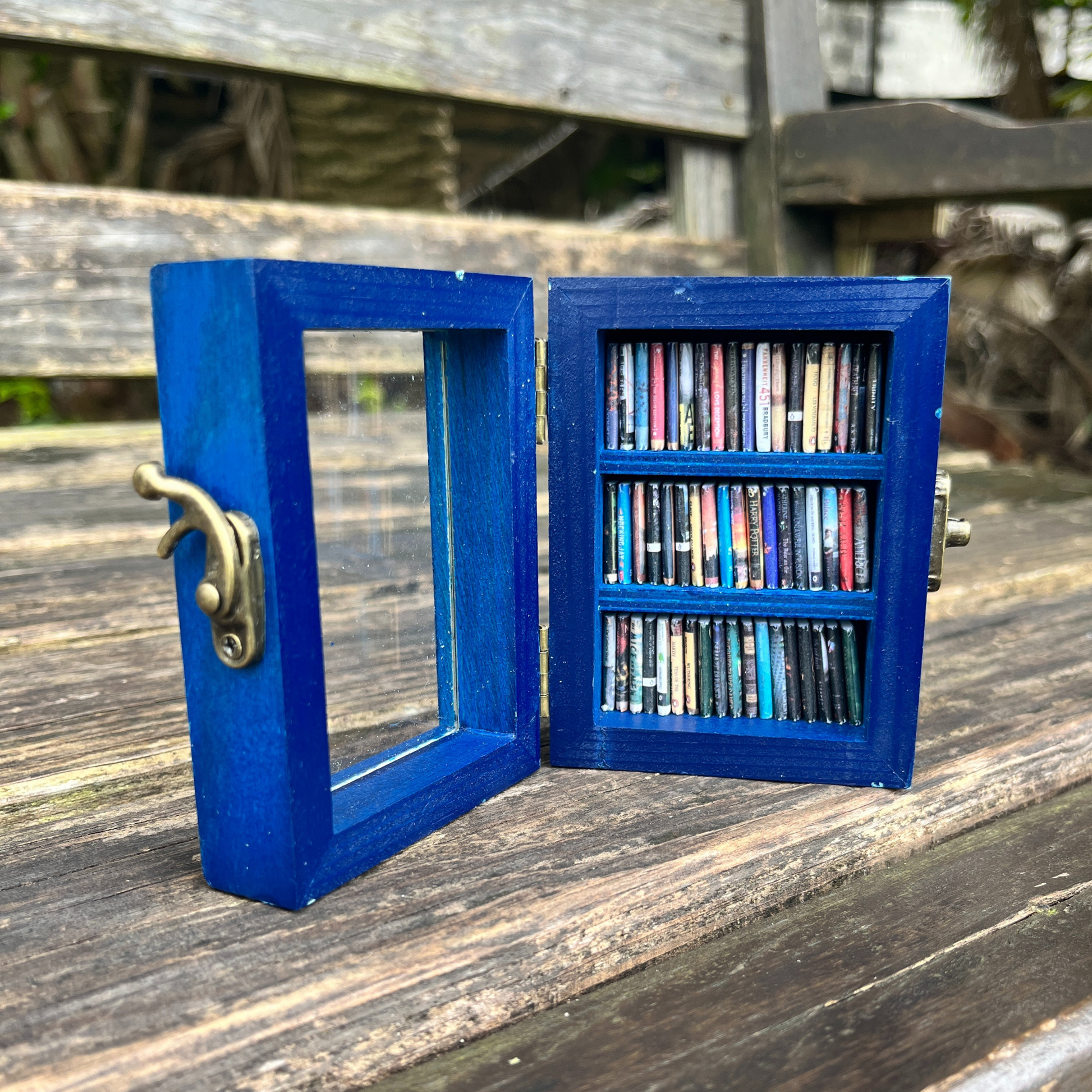 The tardis blue pocket anxiety bookshelf sits displayed open and organized on a wood bench.