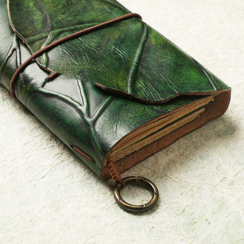 Leather leaf wrapped notebook. A green, natural lembas bread wrap leaf around a classic blank note paper.