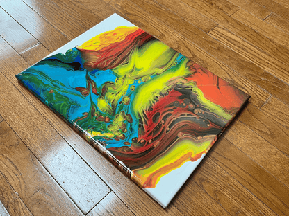 red, yellow and blue fluid art painting on canvas representing fire and ice