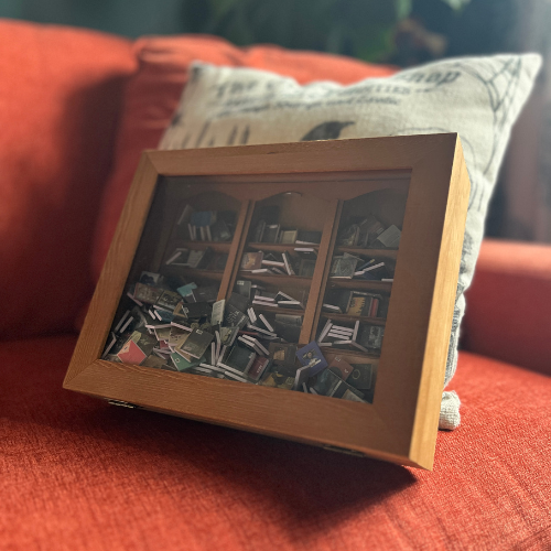 Anxiety Bookshelf mini bookcase sits on an orange couch. 