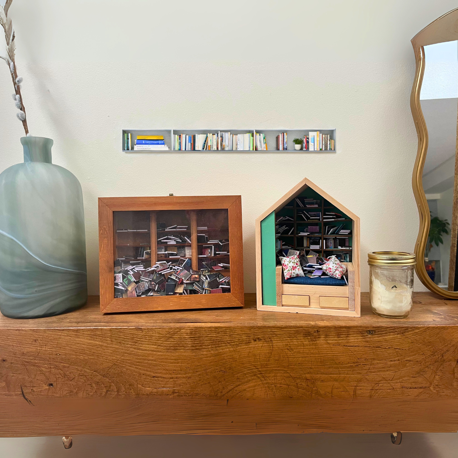 Anxiety Bookshelf and Book Room Bundle. Two miniature bookcases filled with tiny miniature books.