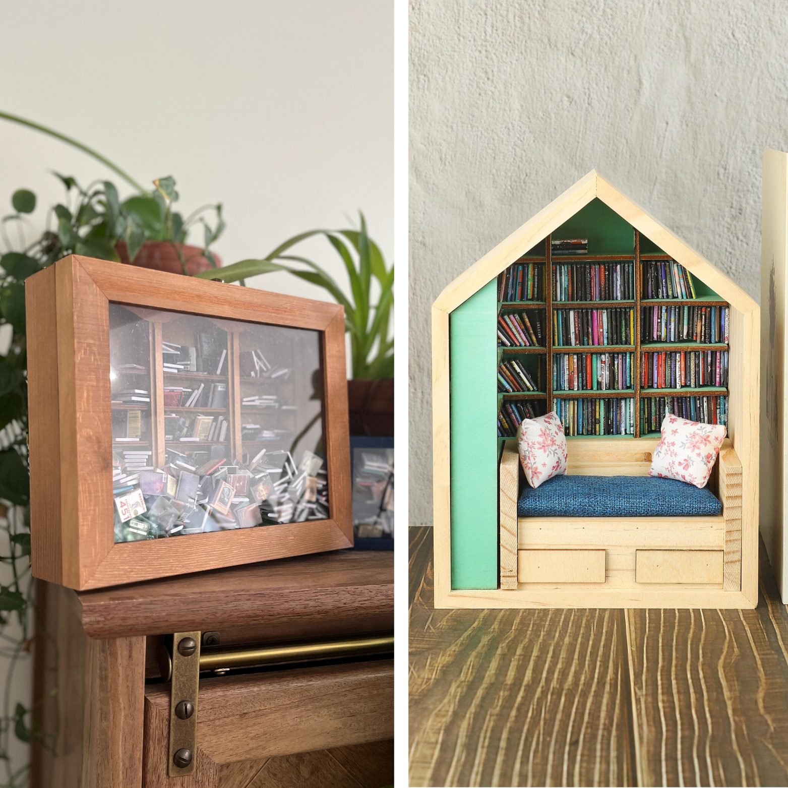 Anxiety Bookshelf and Book Room Bundle. Two miniature bookcases filled with tiny miniature books.