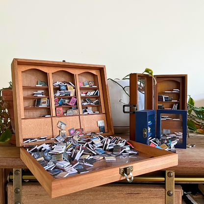 Open displaying tiny books. The Anxiety Bookshelf, Pocket Anxiety Bookshelf, and the Anxiety Bookcase.