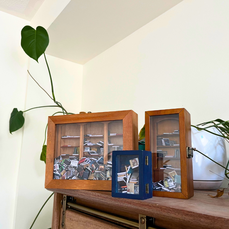 Anxiety Bookshelf, Pocket Anxiety Bookshelf, and Anxiety Bookcase sit closed as bookshelf decor. Three piece collection.