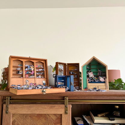 Open Anxiety Bookshelves face the sun. The four Anxiety Bookshelf collection features the Original, Pocket, Bookcase, and Anxiety Book Room. All four sit atop a bookcase as decor, open, displaying the miniature books to organize and shake.