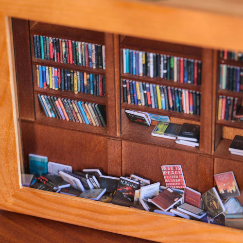 Close up image of the Anxiety Bookshelf mini bookcase with it's included two hundred miniature replica books.