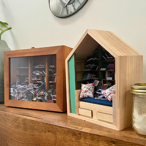 Anxiety Bookshelf and Book Room Bundle. Two miniature bookcases filled with tiny miniature books.