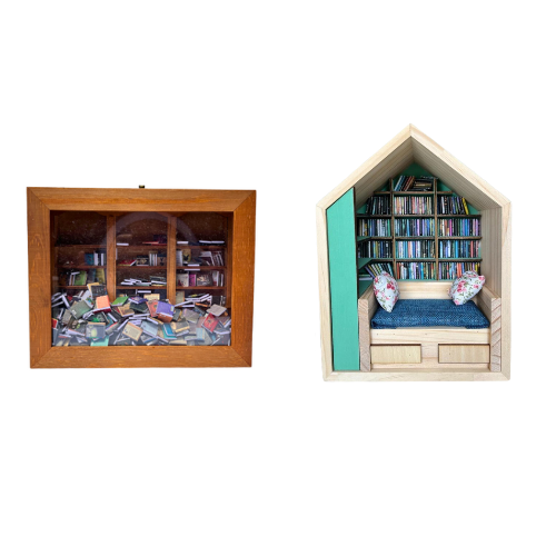 Anxiety Bookshelf and Book Room Bundle. Two miniature bookcases filled with tiny miniature books.