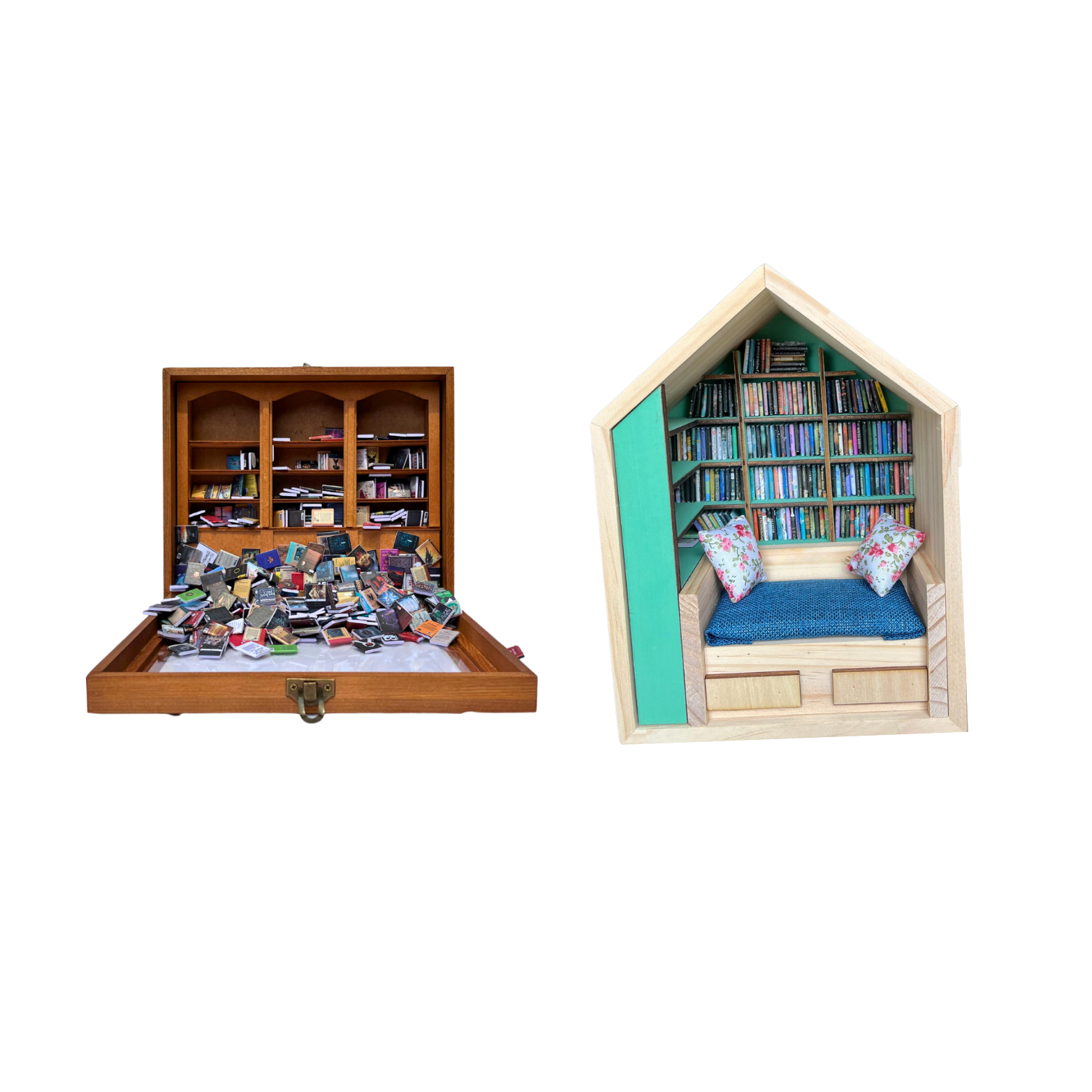 Anxiety Bookshelf and Book Room Bundle. Two miniature bookcases filled with tiny miniature books.